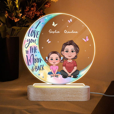 Pretty Doll Grandma Grankids On Moon Personalized Acrylic Circle LED Night Light