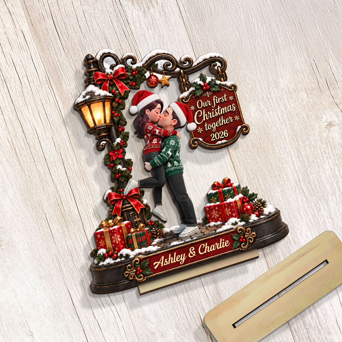 Eternal Love Couple Our First Christmas Together - Personalized 2-Layered Wooden Plaque - Christmas Gift, Anniversary Gift For Couple, For Him, For Her, Christmas Tabletop Decor