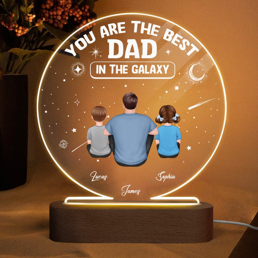 Best Dad In The Galaxy Back View Man Sitting With Kids Dogs Cats Personalized Personalized Circle Acrylic Plaque LED Night Light