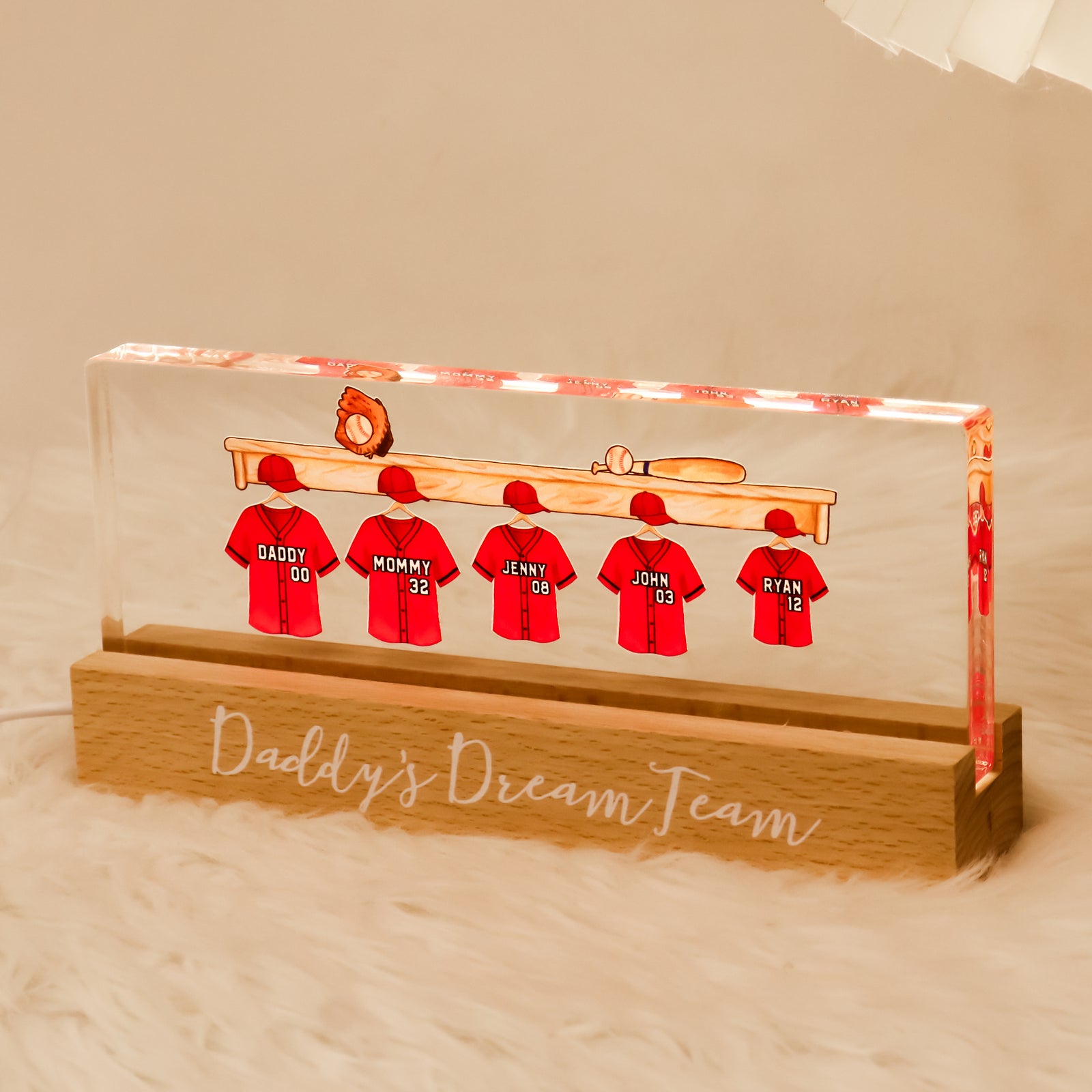 Daddy's Baseball Team Personalized Acrylic Block LED Night Light