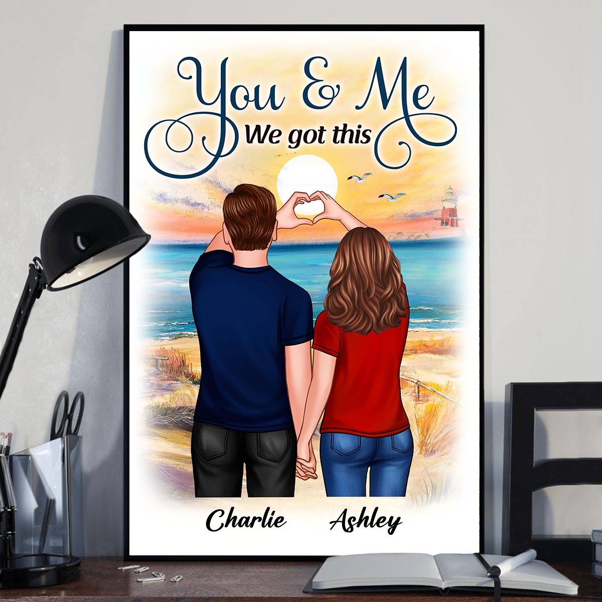 Back View Couple Heart Hands At Beach Personalized Vertical Poster - Valentine‘s Day Gift - Gift For Him, Gift For Her