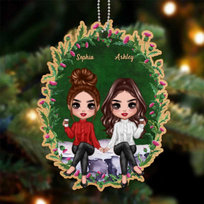 Doll Girls Besties Sisters Sitting On Flower Rock Personalized Wooden Ornament