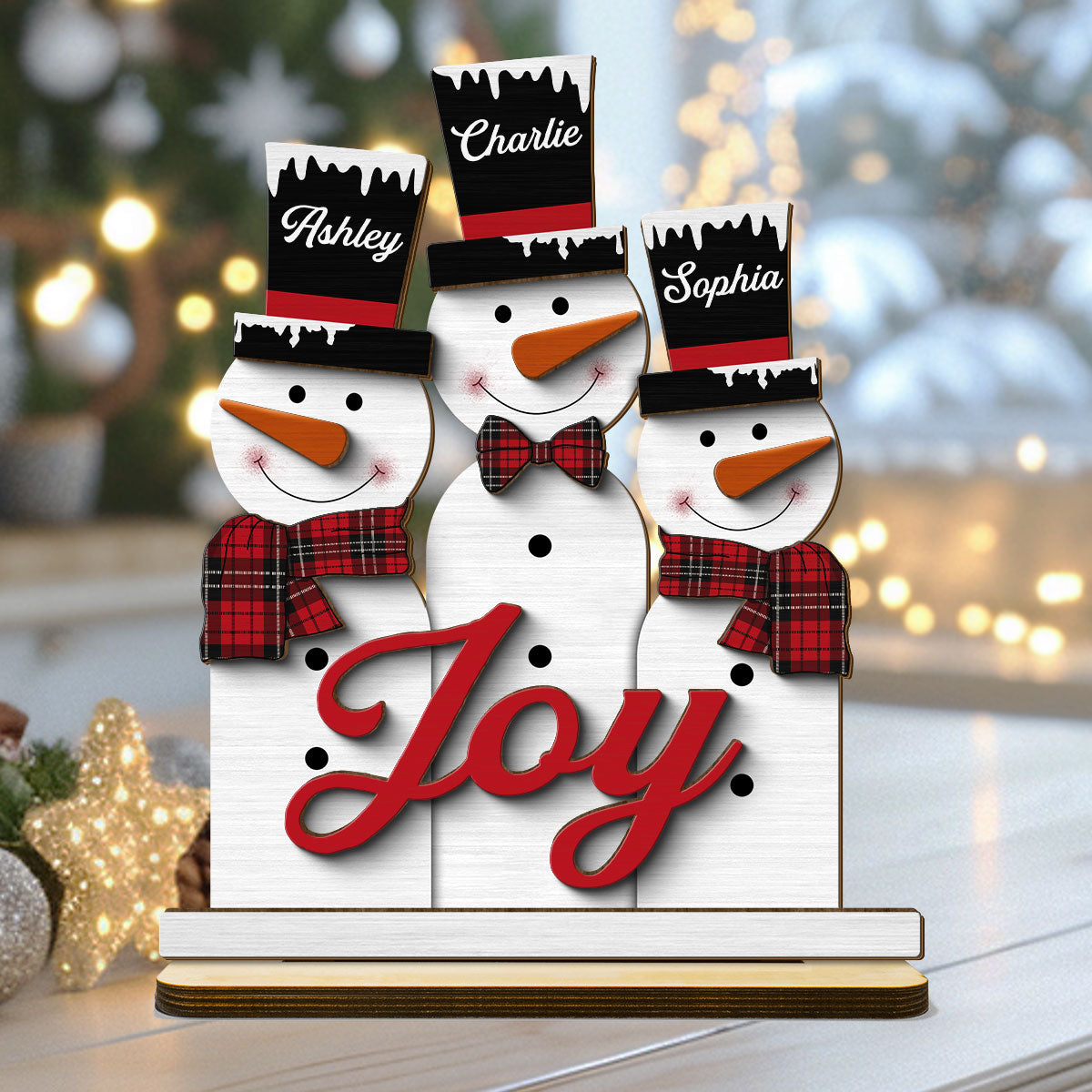 Joy Snowman Family Christmas Personalized 2-Layer Standing Wooden Plaque, Christmas Decoration, Tiered Tray Decor