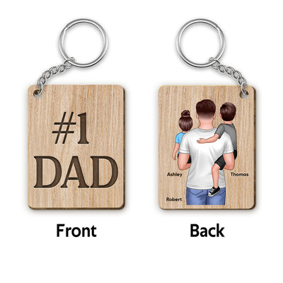 Dad Holding Kids Back View Personalized Wooden Keychain