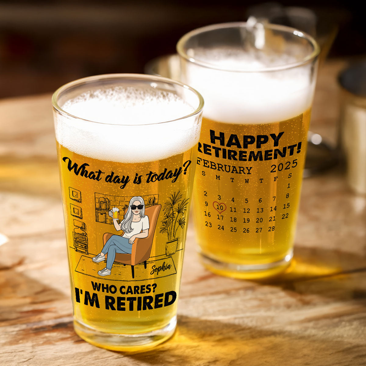 Woman Man Sitting I'm Retired You Can't Make Me Custom Calendar Personalized Beer Glass, Retirement Gift