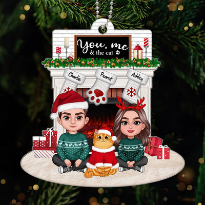 You Me & The Cats Couple Crossed Legs & Fluffy Cats Sitting At Christmas Fireplace Personalized Acrylic Ornament