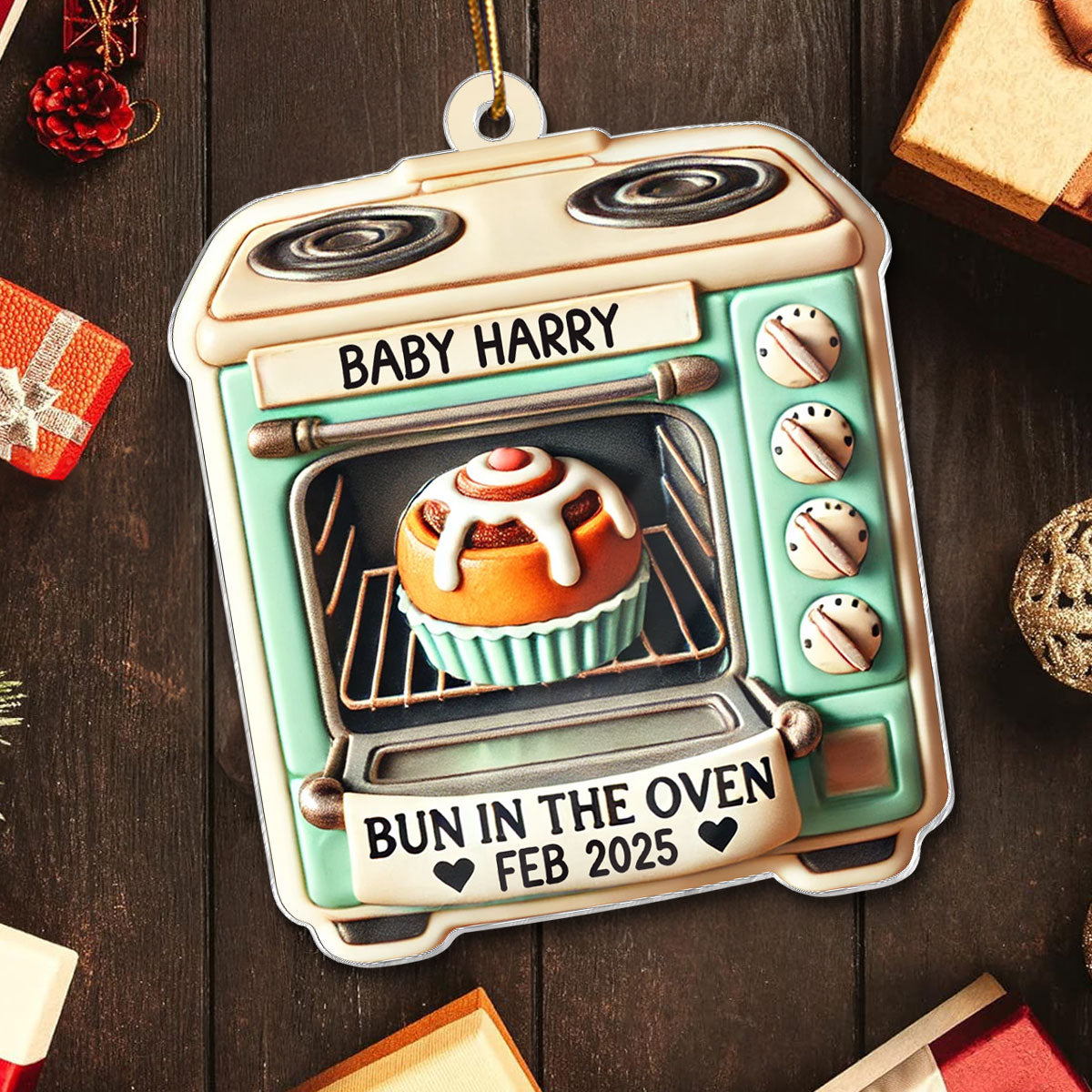 Vintage Bun In The Oven Pregnancy Announcement Keepsake Christmas Gingerbread 3D Effect Personalized Acrylic Ornament