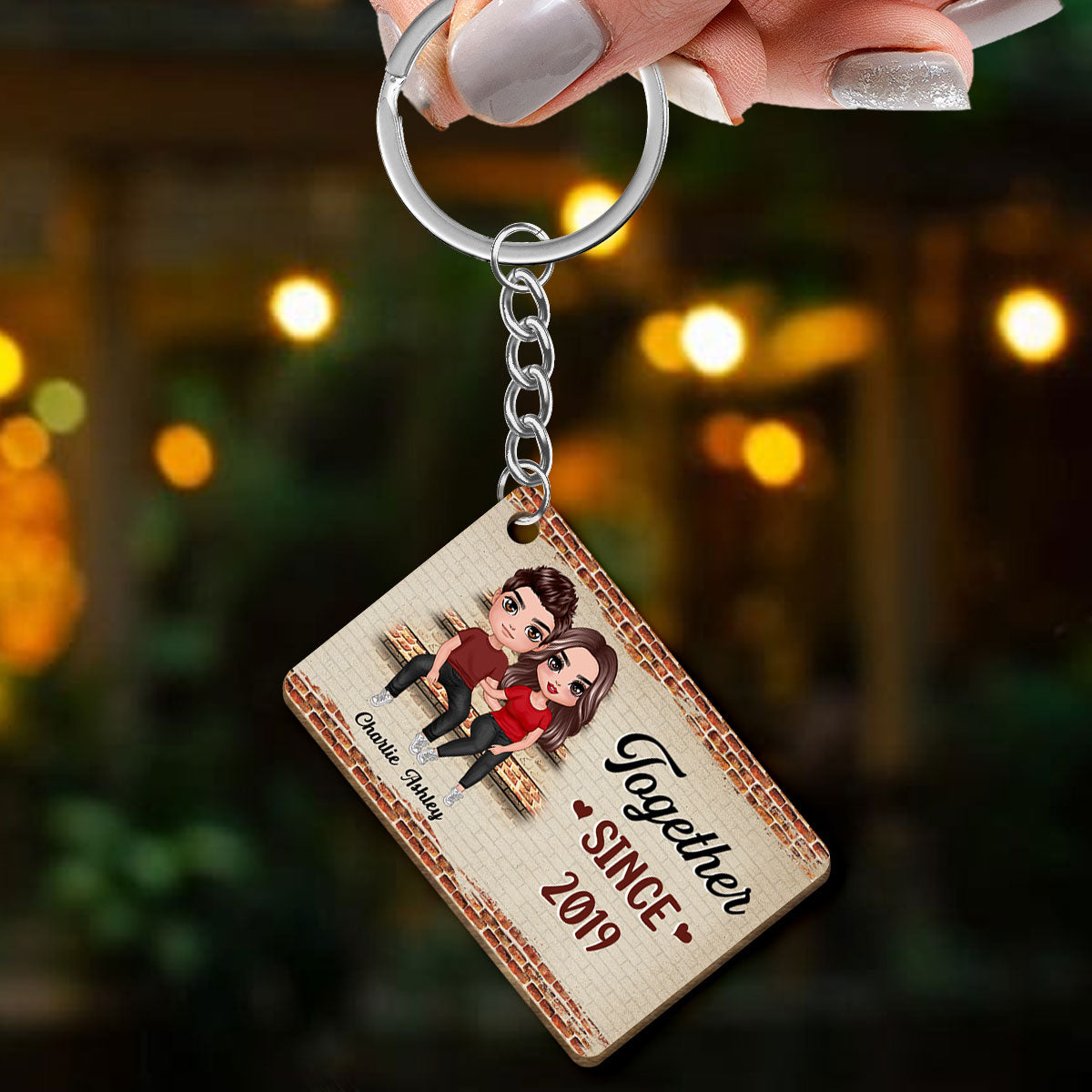 Couple Sitting On Stairs Personalized Wooden Keychain