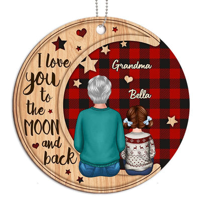 Checkered Pattern Grandma Grandkids On Moon Personalized Wooden Ornament
