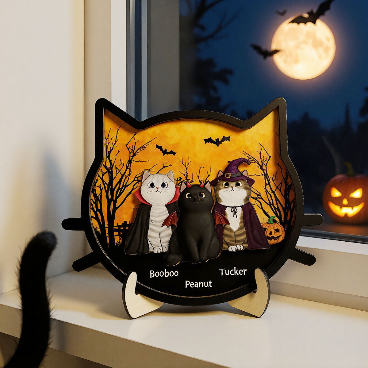 Spooky Halloween Theme Cat Face Personalized 2-Layer Wooden Plaque