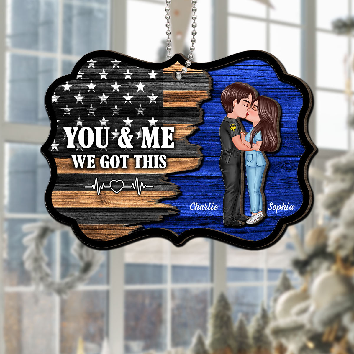 Hero Couple Kissing Half Flag Christmas Decor Gift Personalized 2-Layer Wooden Ornament