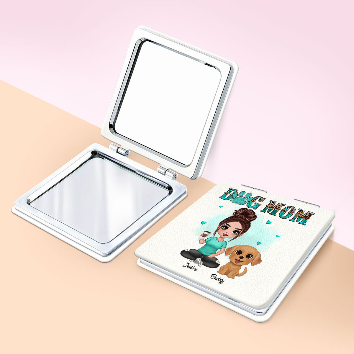 Watercolor Cute Dogs Teal And Leopard Dog Mom Personalized Square Compact Mirror