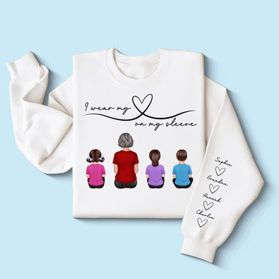 Grandma Mom Wear Her Heart On Her Sleeve, Beautiful Heart Design, Personalized Sleeve Printed Sweatshirt