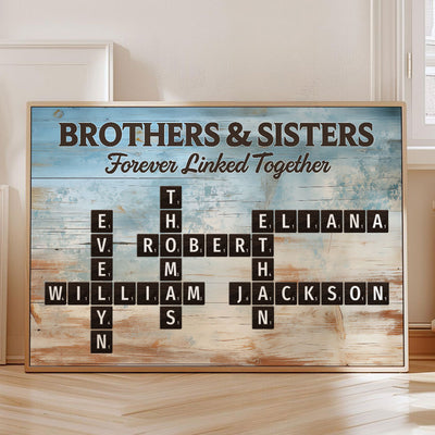 Brothers & Sisters Forever Linked Together Crossword Puzzle Art Blue Wood Palette - Personalized Poster - Gift For Siblings, Family