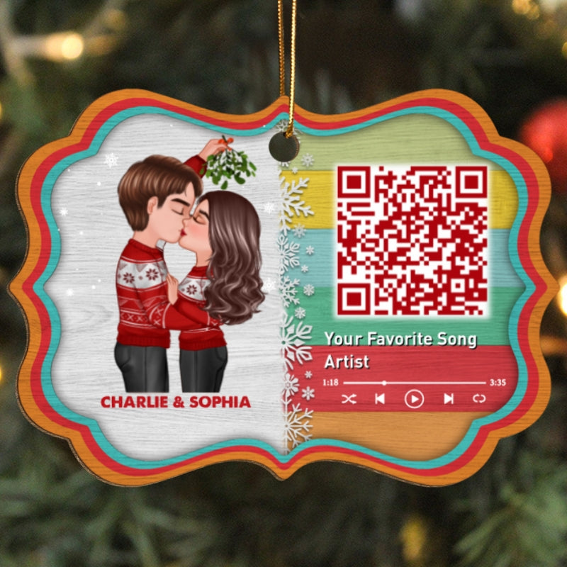 Couple Kissing Under Mistletoe Favorite Song Scannable QR Code Christmas Personalized Wooden Ornament