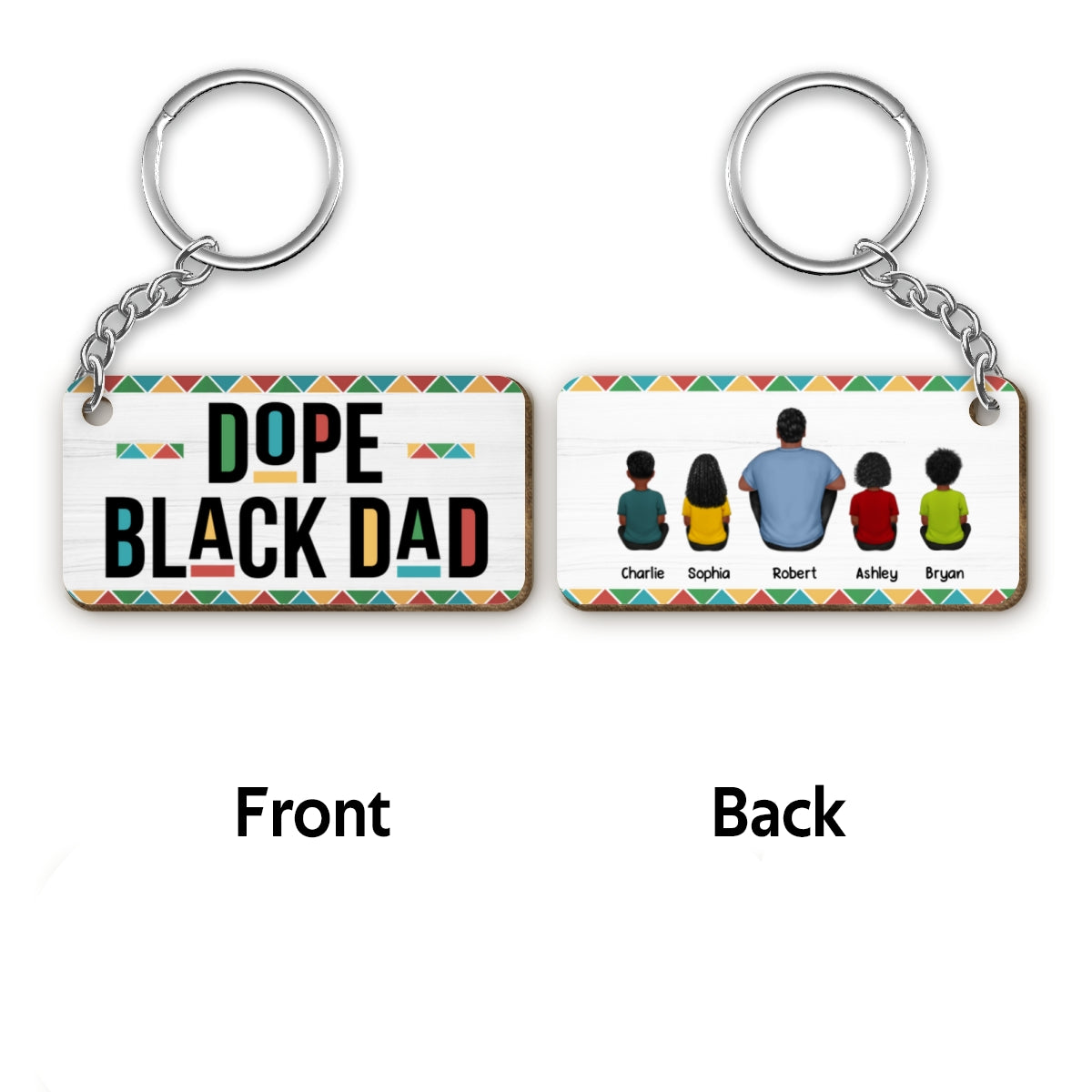Black Dope Dad Colorful Pattern Back View Man Kids Dog Cat Personalized Wooden Keychain