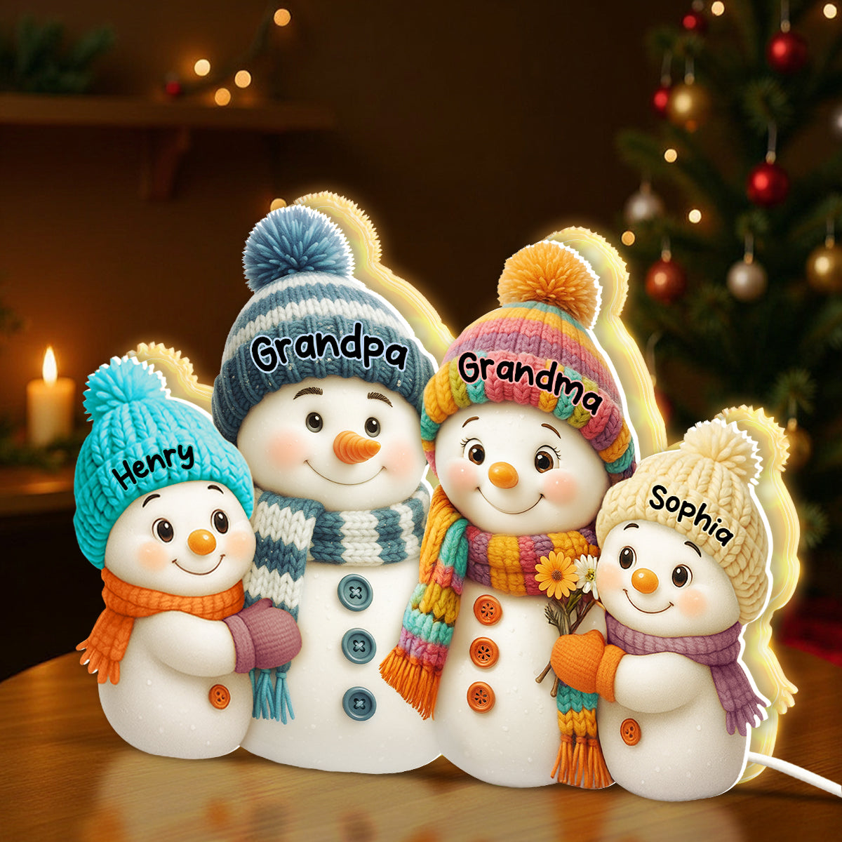 3D Effect Snowman Grandma, Grandpa, Grandparents and Grandkids Personalized Light Box - Christmas Gift for Family, Grandma, Grandpa