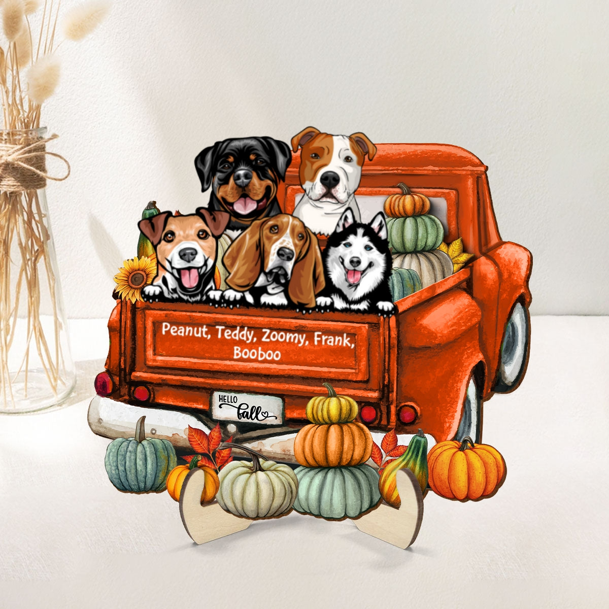 Hello Fall Dogs On Truck Personalized 2-Layered Wooden Plaque