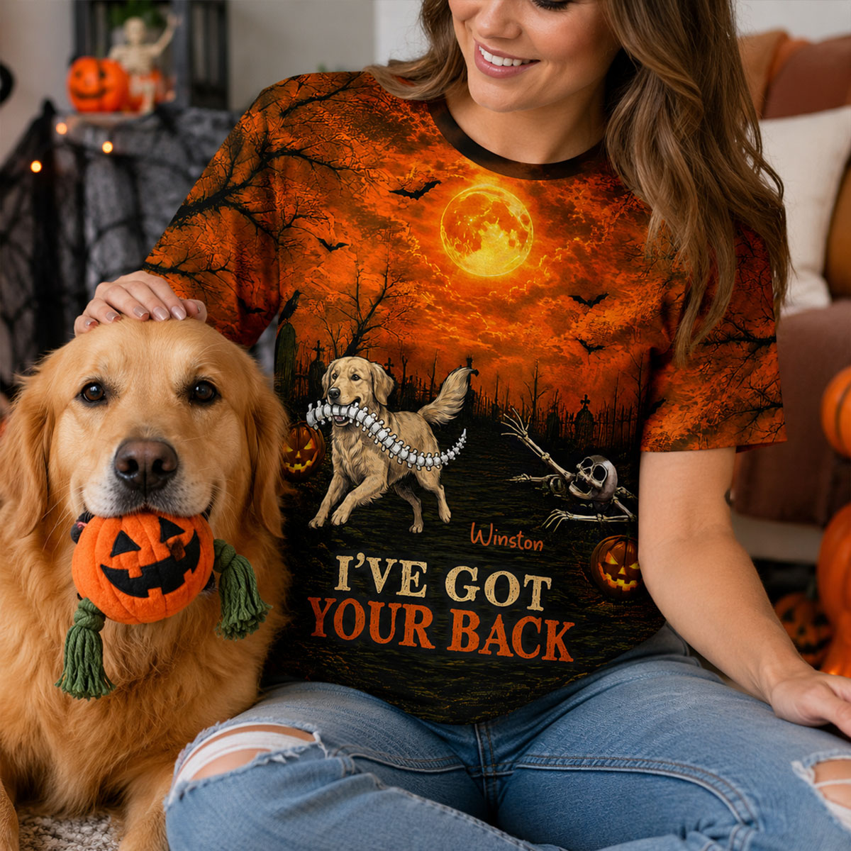 Orange Theme I've Got Your Back Dog Stealing Backbone From Your Photo - Personalized 3D Shirt - Funny Halloween Costume For Dog Lovers