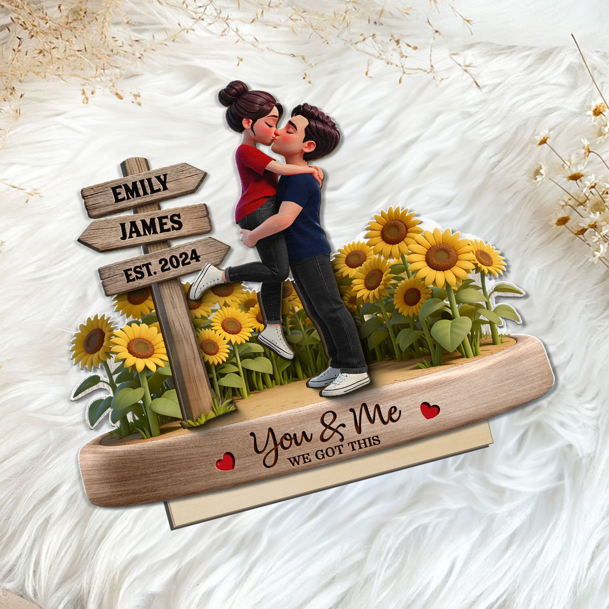 Everlasting Love Couple Hugging Kissing Sunflower Field Sign Posts - Personalized 2-Layered Wooden Plaque - Valentine's Day Gift For Couple