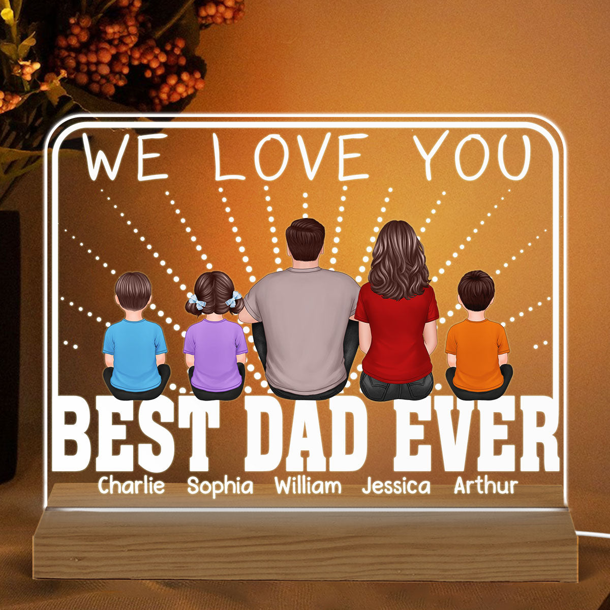 Best Dad Ever Back View Man Kids Dog Cat Personalized Rectangle Custom Shaped Acrylic Plaque With Warm LED Night Light
