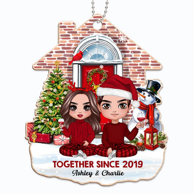 Christmas Doll Couple Sitting In Front Of The House Personalized Wooden Ornament