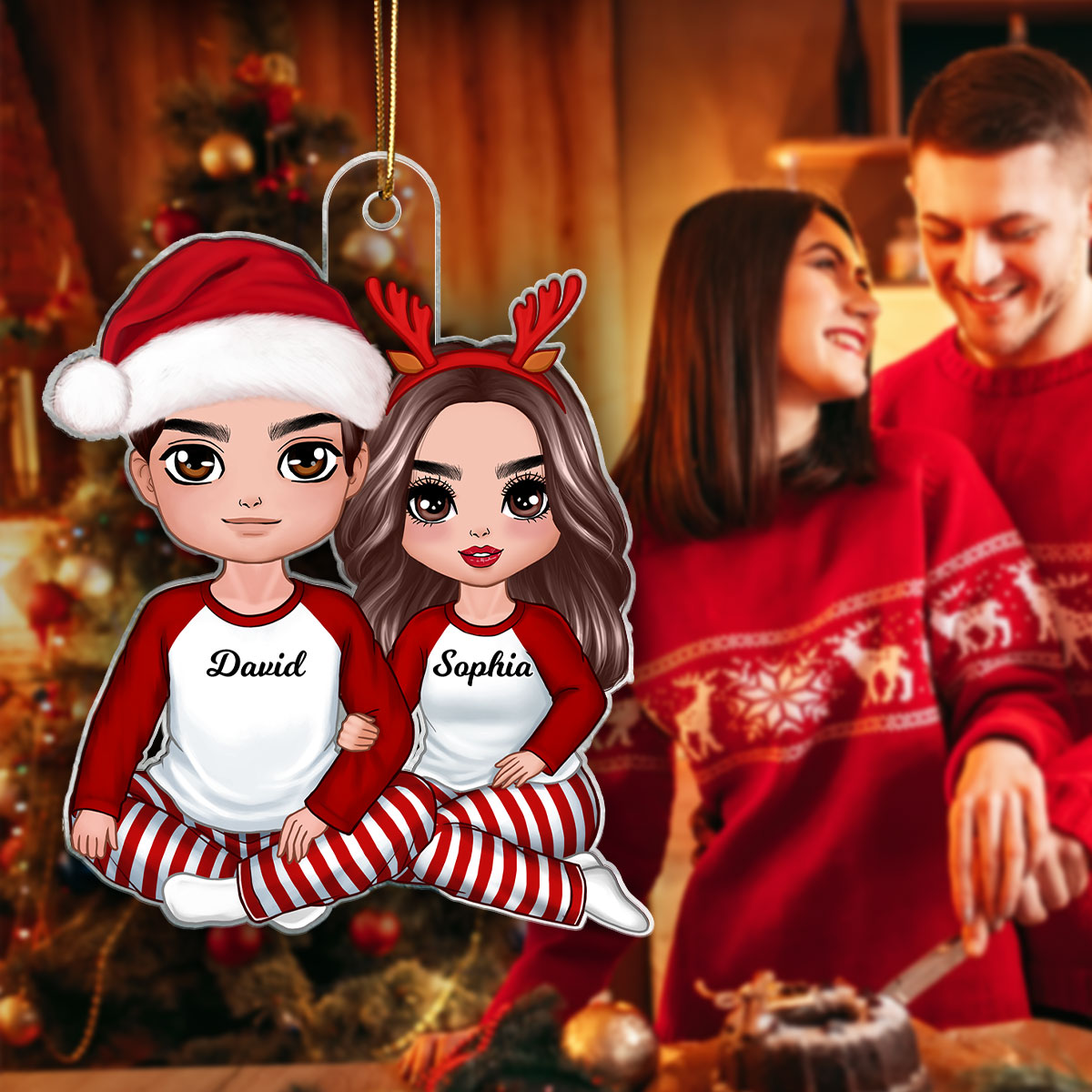 Christmas Doll Couple Sitting Hugging - Personalized Ornament