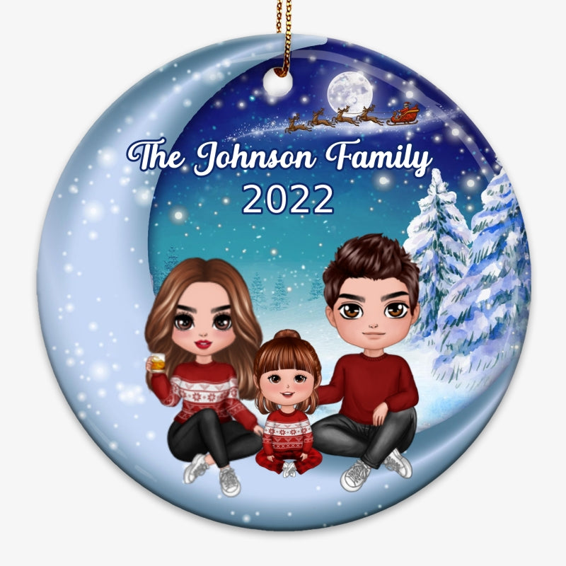 Family Sitting On Moon Winter Personalized Christmas Circle Ornament