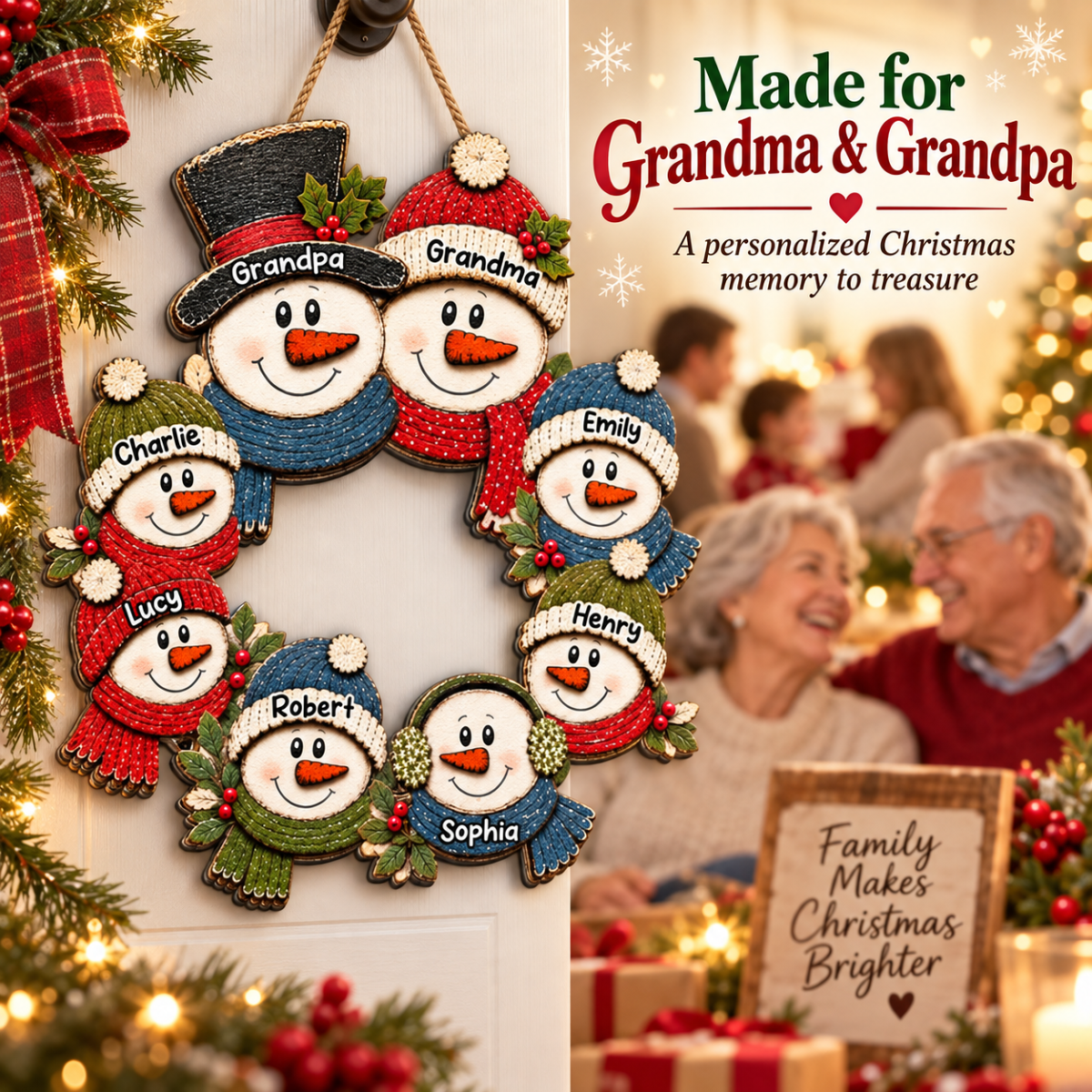 Grandpa Grandma Snowman Wreath - Personalized Wood Sign - Christmas Decoration For Porch, Window, Door
