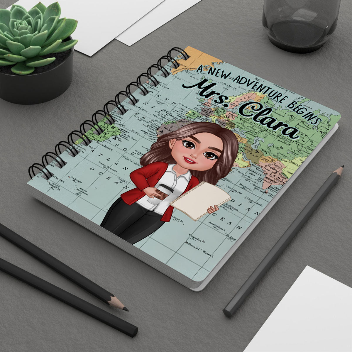 World Map Adventure Themed Teacher Book Of Notes Personalized Spiral Notebook Journal, Back To School Stationery