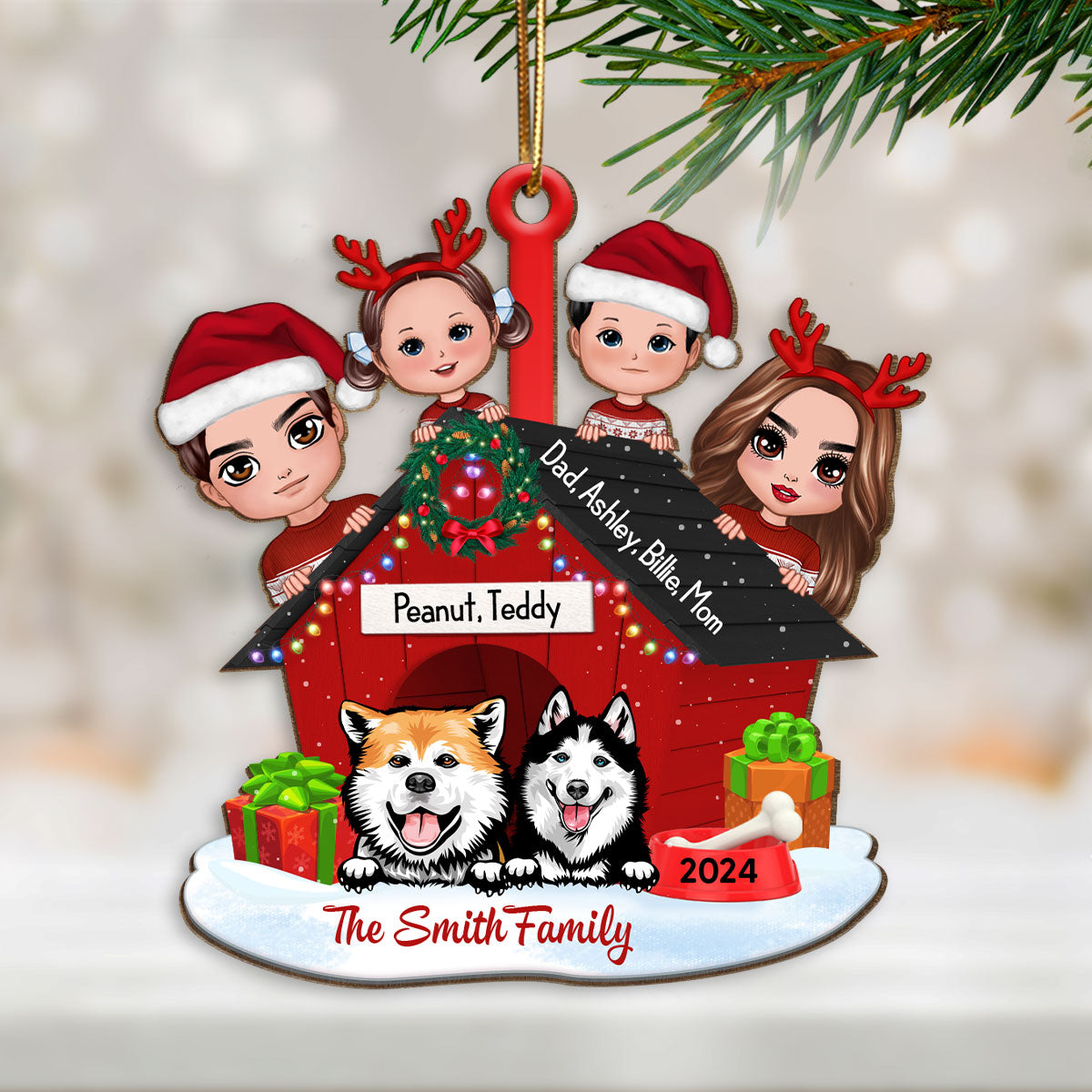 Family And Dogs Christmas - Personalized Wooden Ornament