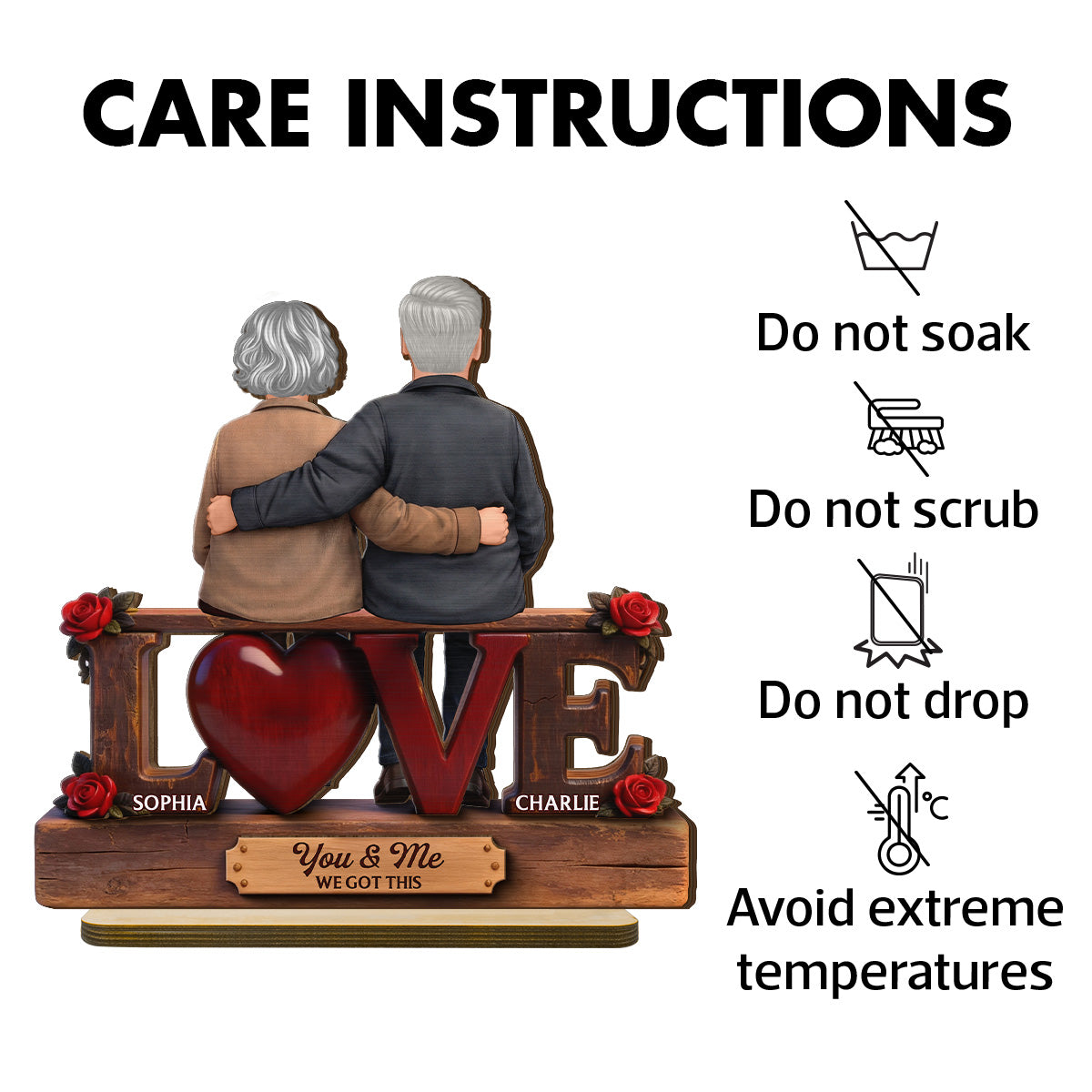 Roses LOVE Back View Old Couple Sitting Embracing - Personalized 2-Layered Wooden Plaque - Valentine's Day Gift For Couple, For Him, For Her