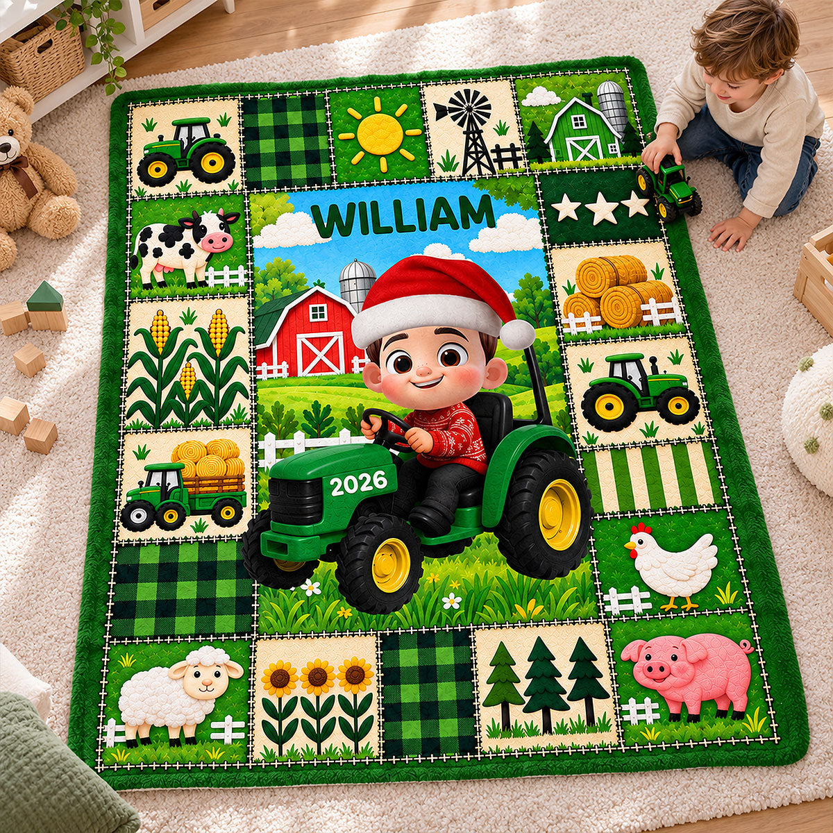 Little Boy Girl With Tractor Excavator Backhoe Christmas - Personalized Blanket - Gift For Grandkids, Kids