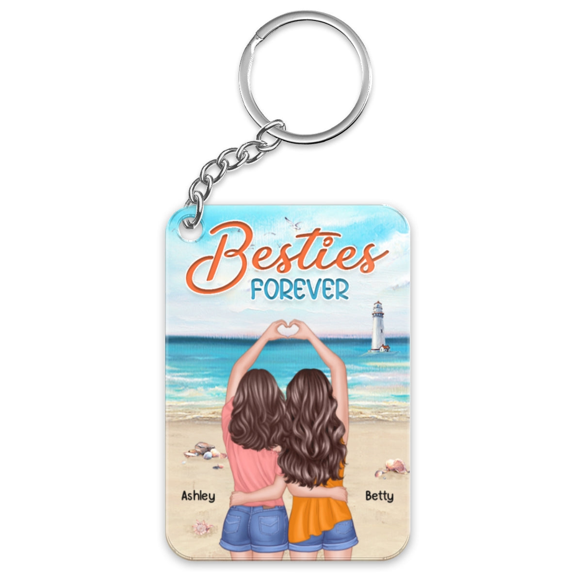 Beach Landscape Back View Heart Hands Besties Forever Personalized Acrylic Keychain