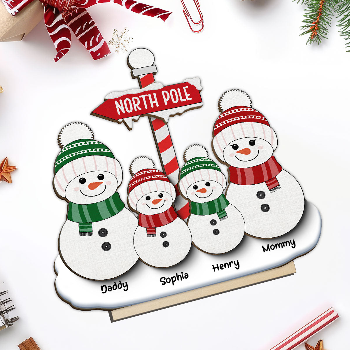 North Pole Snowman Family Christmas Personalized 2-Layer Standing Wooden Plaque