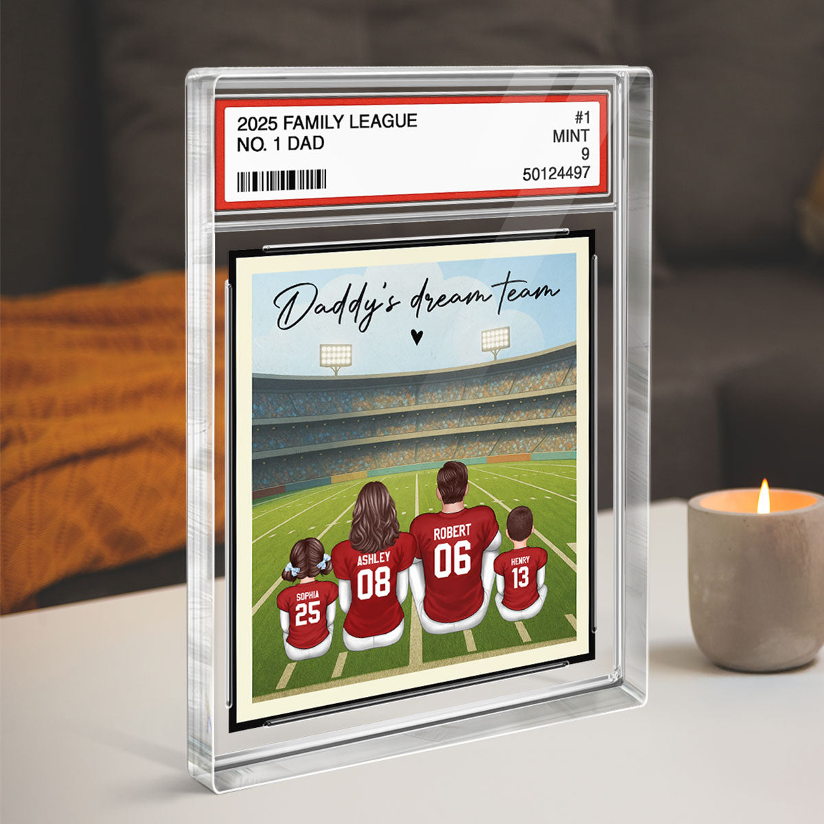 American Football Daddy's Dream Team No. 1 Dad Man & Kids Sitting Trading Card Style - Personalized Acrylic Block Plaque