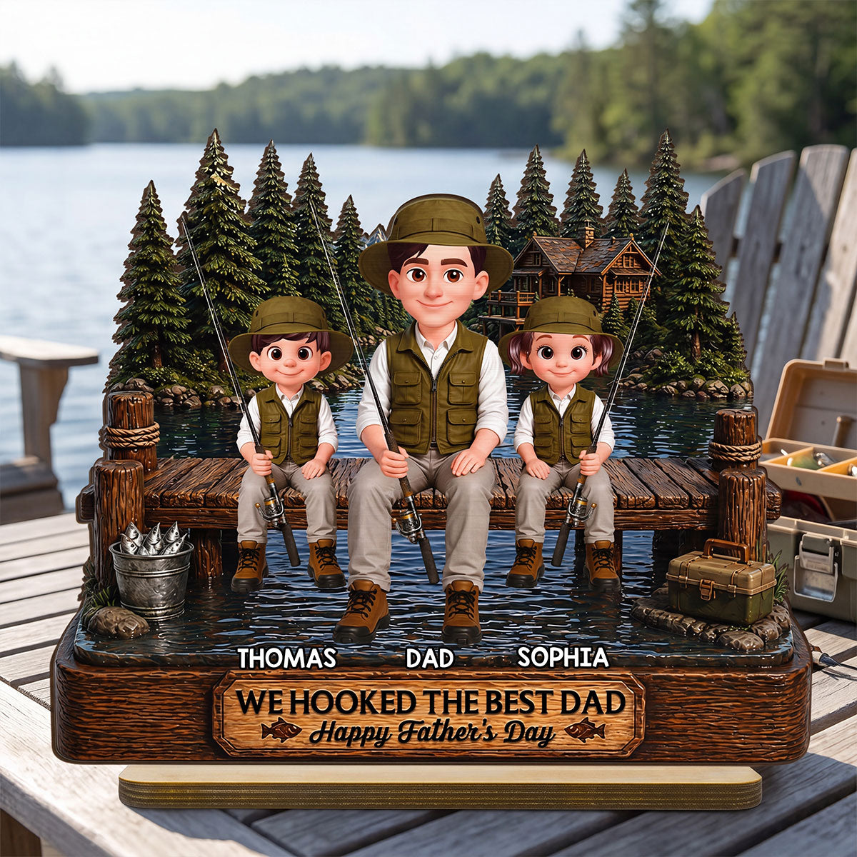 Fishing We Hooked The Best Dad - Personalized 2-Layered Wooden Plaque - Father's Day Gift For Fishing Dad, Fishing Lovers