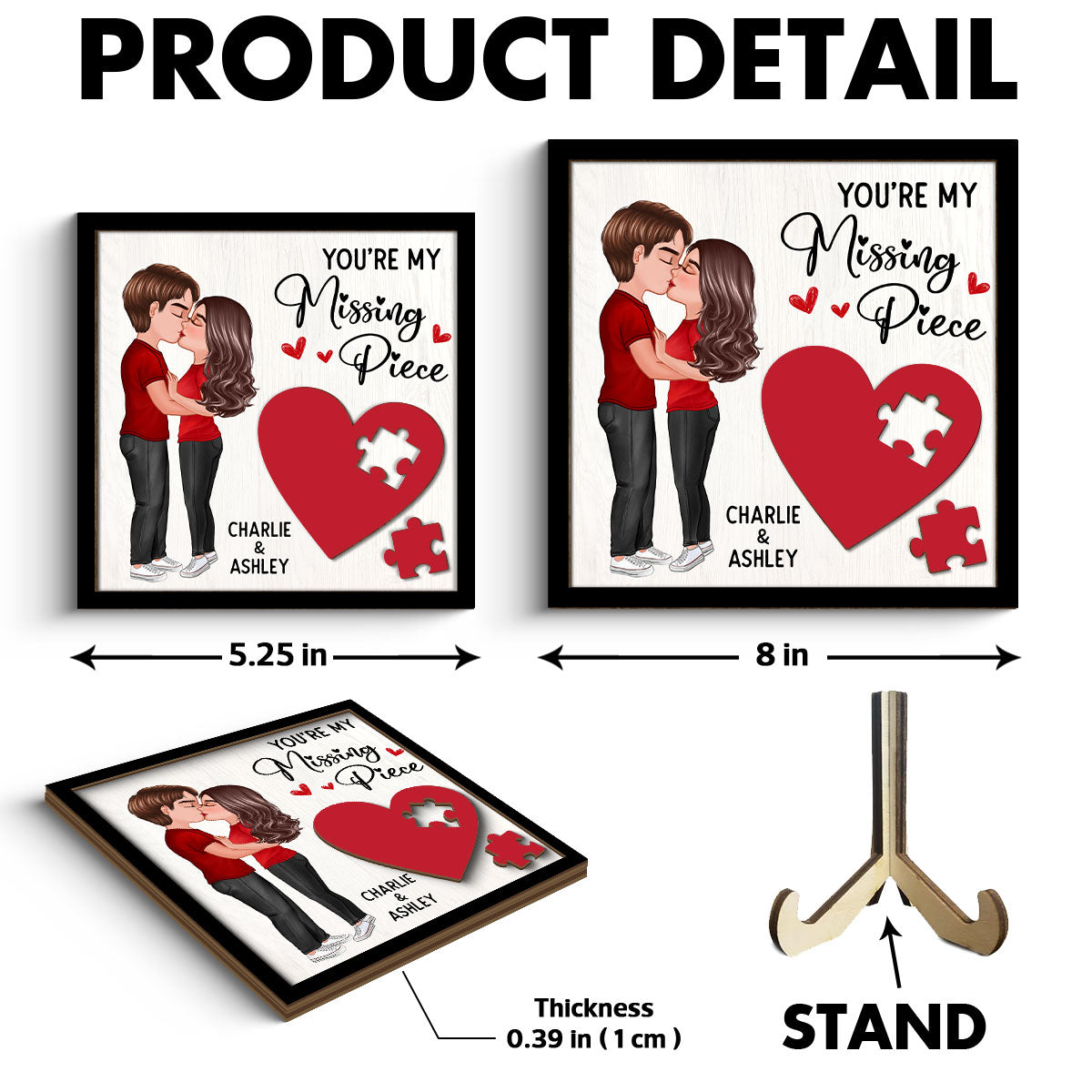 Couple Kissing Standing Red Heart Puzzle Personalized 2-layer Wooden Plaque, Valentine‘s Day Gift For Him, For Her
