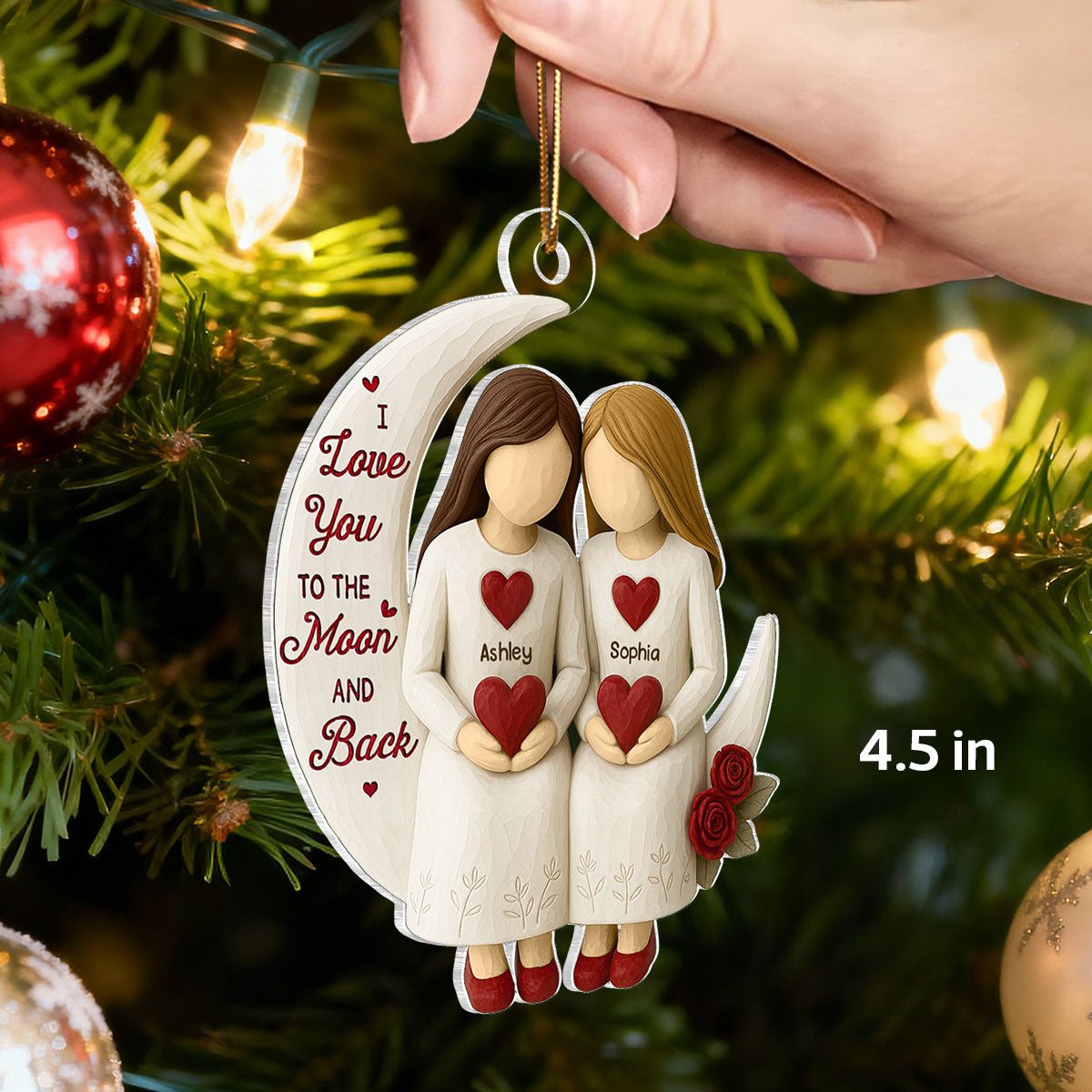 3D Effect Roses Besties On Moon - Personalized Wooden Ornament - Christmas Gift For Best Friends