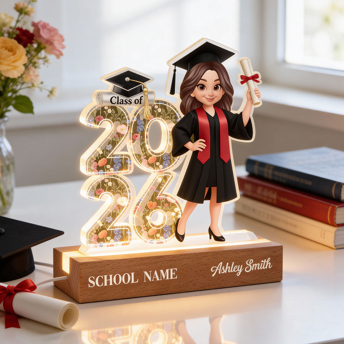 Class Of 2026 2027 Senior Floral - Personalized Acrylic Block LED Night Light - Graduation Gift For Graduates, Daughter