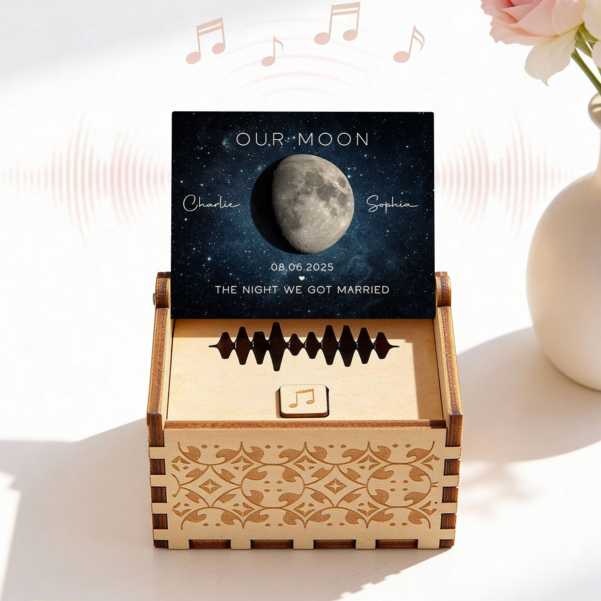 Our Moon Custom Moon Phase & Favorite Song - Personalized Wooden Music Box - Valentine's Day Gift For Him, Gift For Her