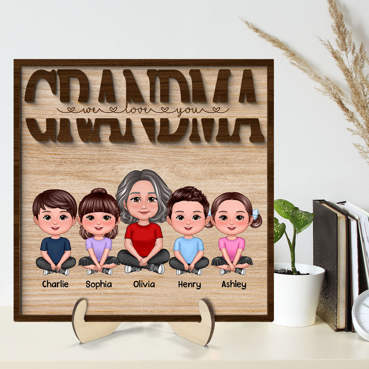 We Love You Grandma Mom Auntie Kids Sitting Mother‘s Day Gift Personalized 2-Layer Wooden Plaque