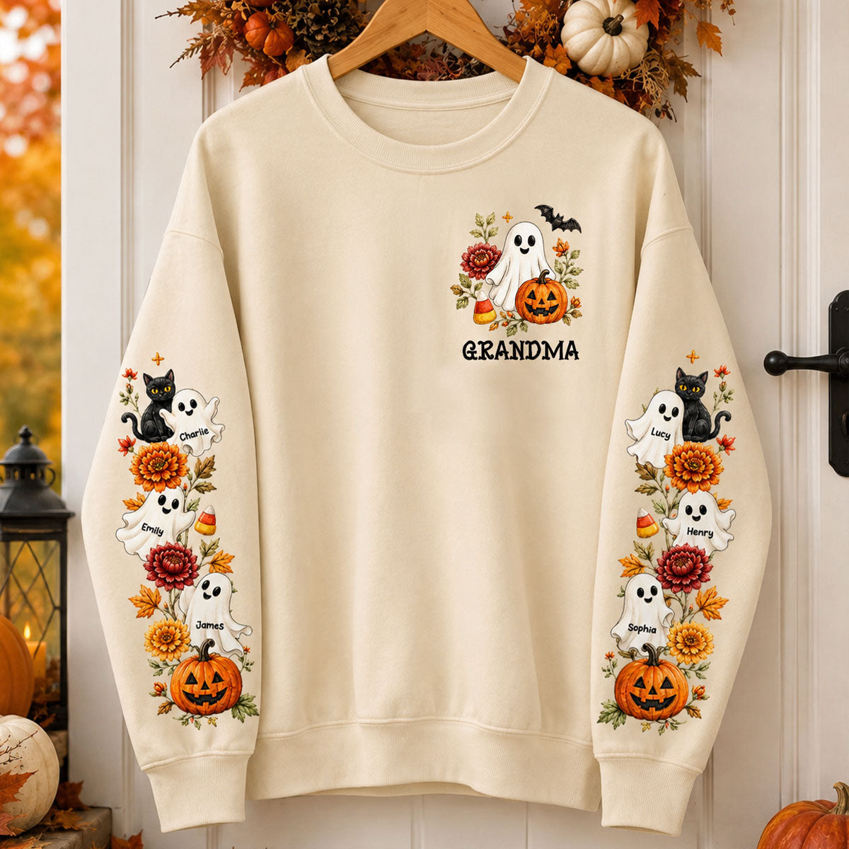 Retro Vintage Floral Grandma Boo Crew - Personalized Sleeve Printed Sweatshirt - Fall Halloween Gift For Grandma