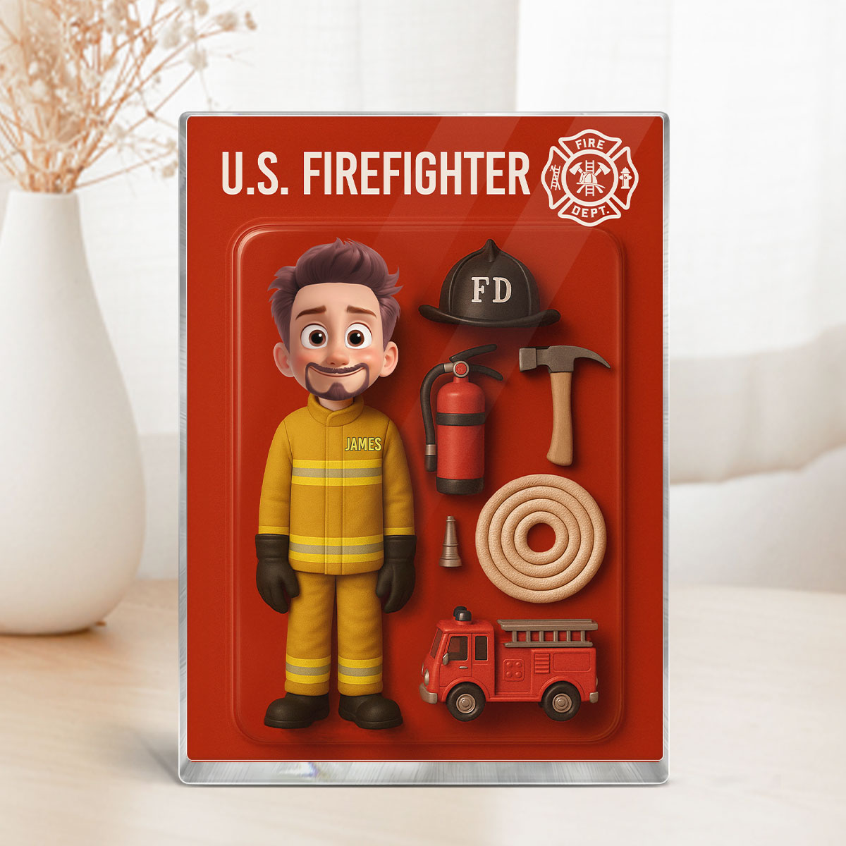 3D Effect Cartoon Funny Style Firefighter Custom Figure Personalized Flat Rectangle Acrylic Block