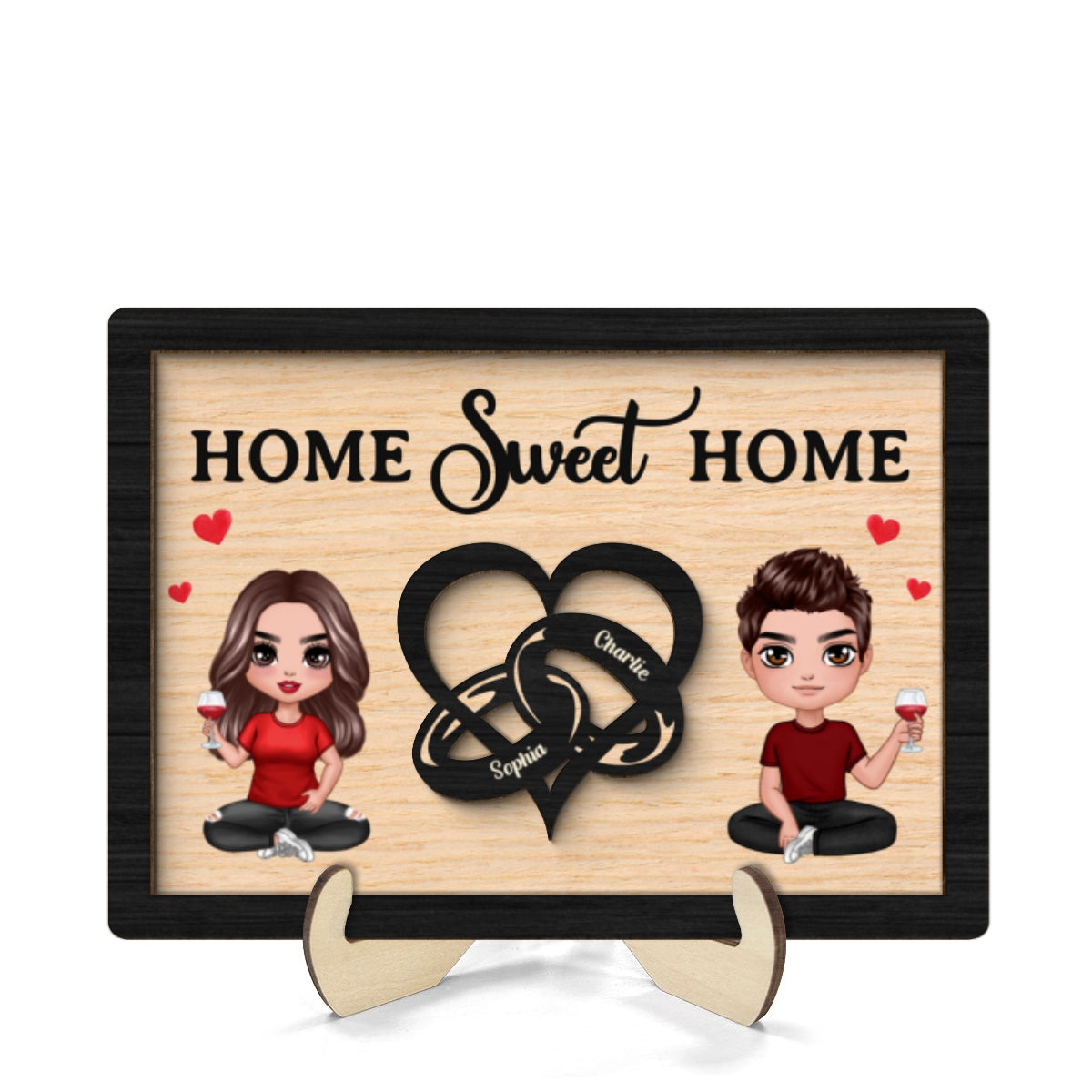 Doll Couple Heart Rings Valentine‘s Day Gift Personalized 2-layer Wooden Plaque