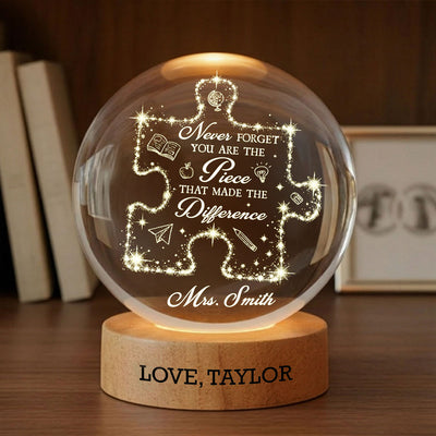 Never Forget The Difference You Make - Personalized Crystal Ball LED Night Light - Thank You Gift for Teacher, Teacher Appreciation Week Gift