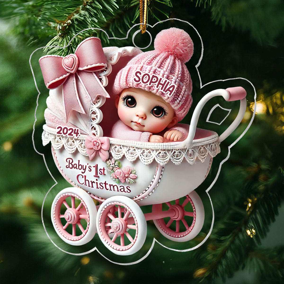 3D Effect Newborn Baby In Carriage Christmas Personalized Acrylic Ornament, Christmas Gift For Newborns, New Parents