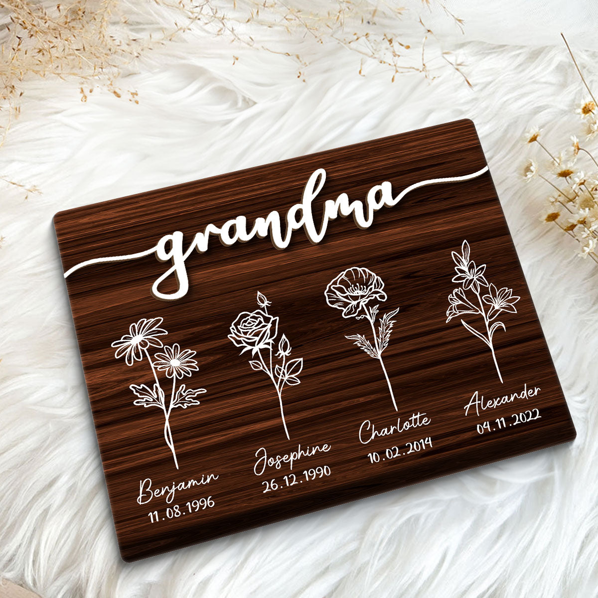 Grandma Grandkids Flowers Personalized 2-Layer Wooden Plaque