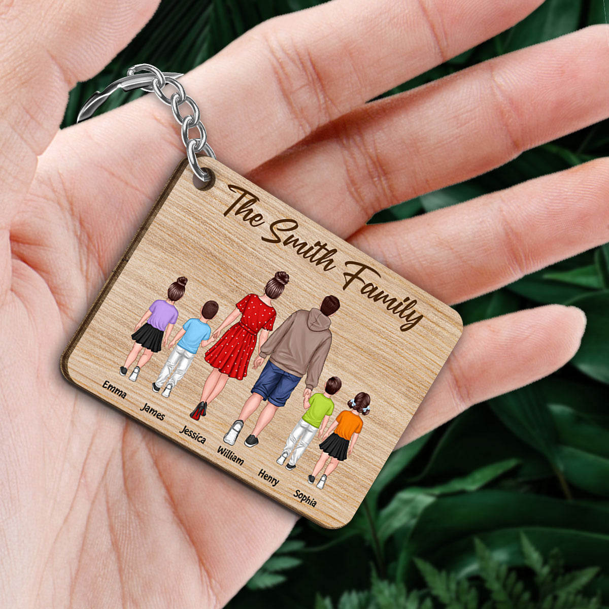 Whole Back View Family Walking Couple Dad Mom Kids Dogs Cats Personalized Wooden Keychain