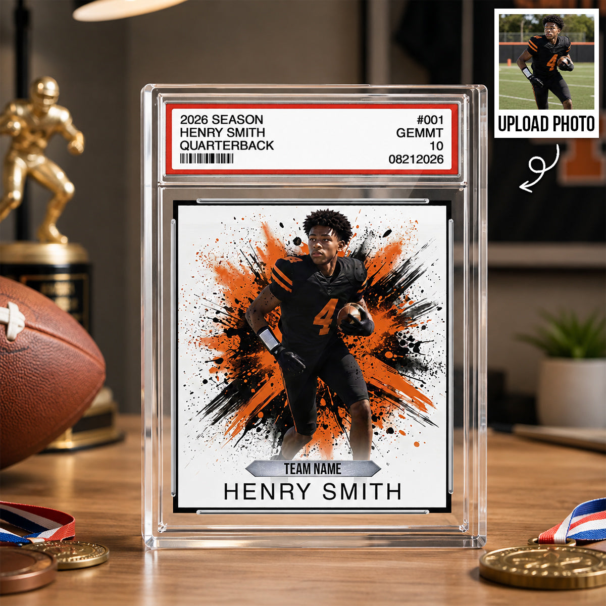 Sport Player Trading Card Style Custom Athlete Player Photo- Personalized Acrylic Block Plaque - Gift Keepsake For Football, Soccer, Baseball, Basketball Sport Players